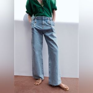 🧡 ZARA Gold Sailor Style Wide Leg Jeans Trousers